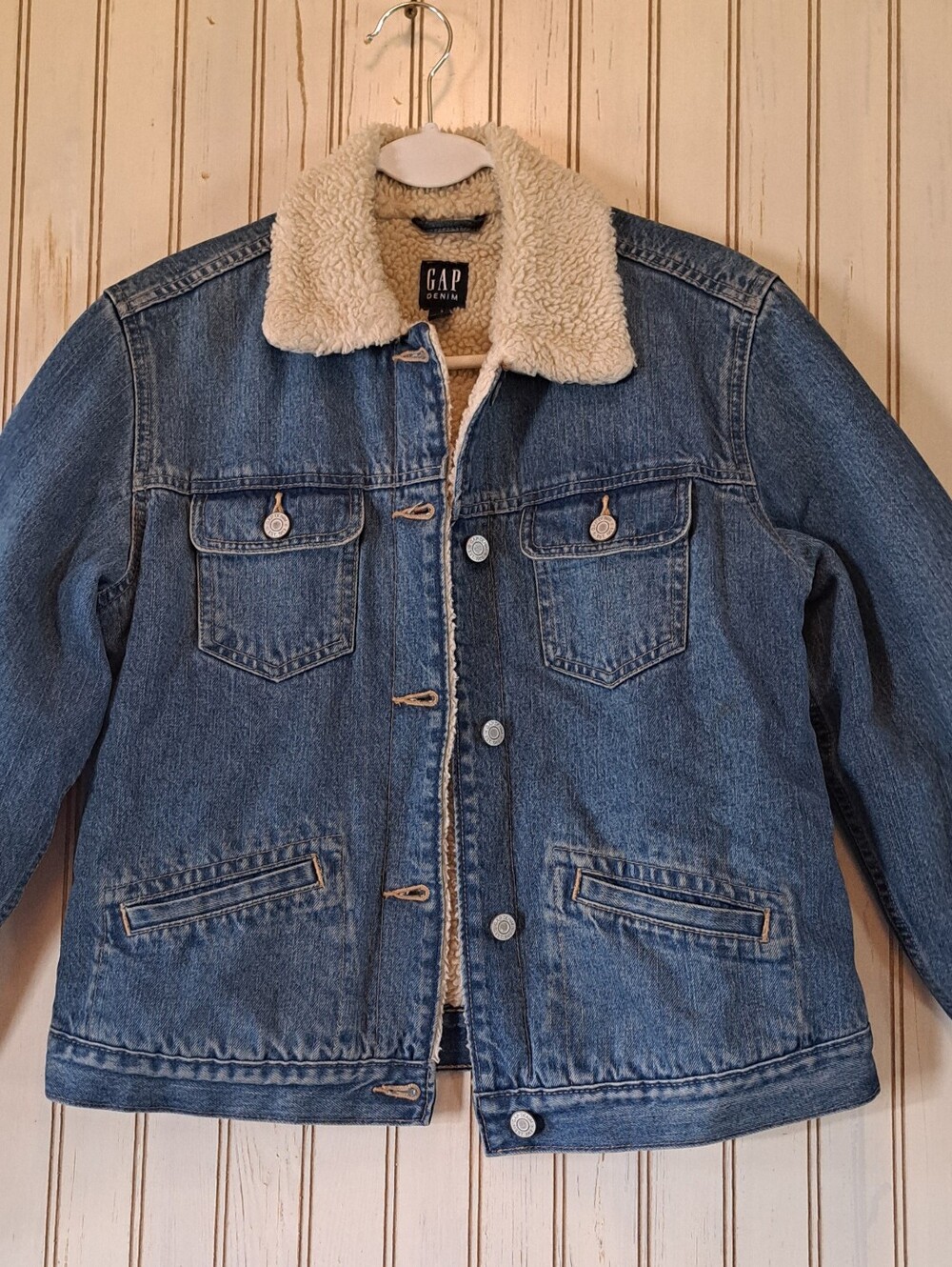 Ladies Gap Sherpa Lined Vintage Denim Trucker Jacket Blue Button Up Size Small